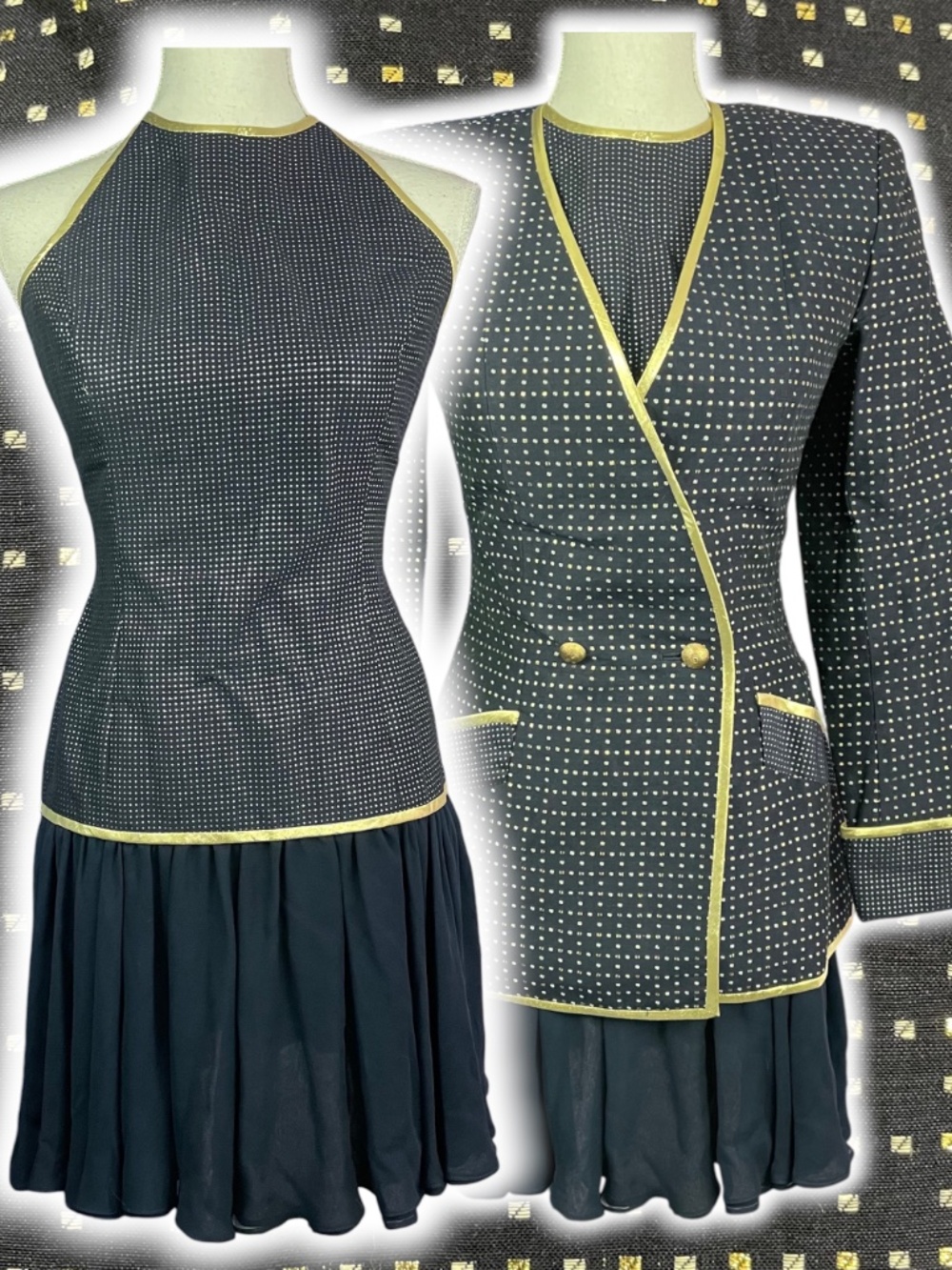 Silk Linen Dress Jacket Set 4 Navy Gold Dot Trim Chiffon Sailor Chic Y2K Blazer